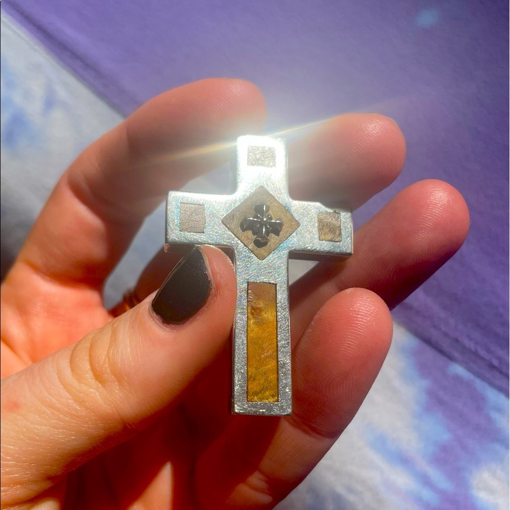 Sterling silver and wood inlay cross slide pendant | religious jewelry